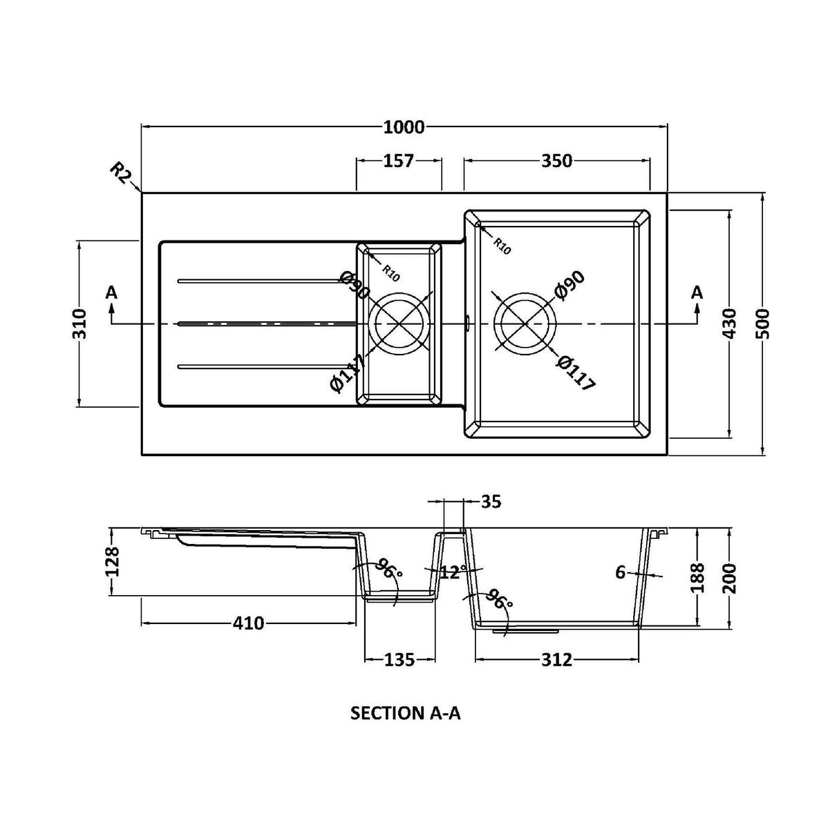 [BKS11050SH] 100cm Composite Inset Kitchen Sink with Overflow & Drainer - Available in Multiple Colours - Technical Drawing