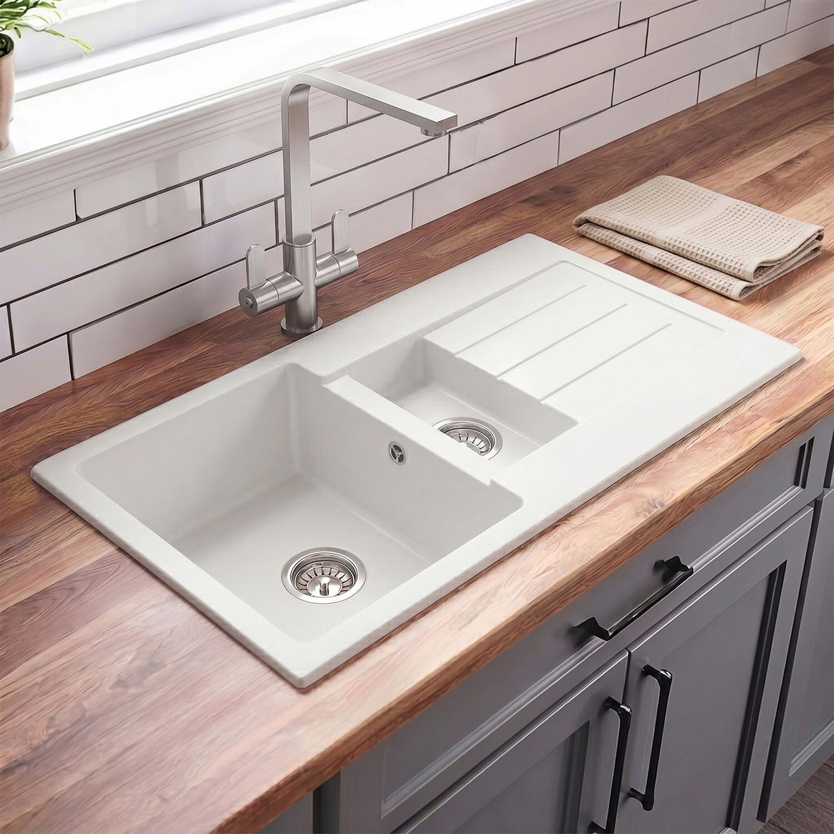[BKS11050SH] 100cm Composite Inset Kitchen Sink with Overflow & Drainer - Available in Multiple Colours - Lifestyle 1