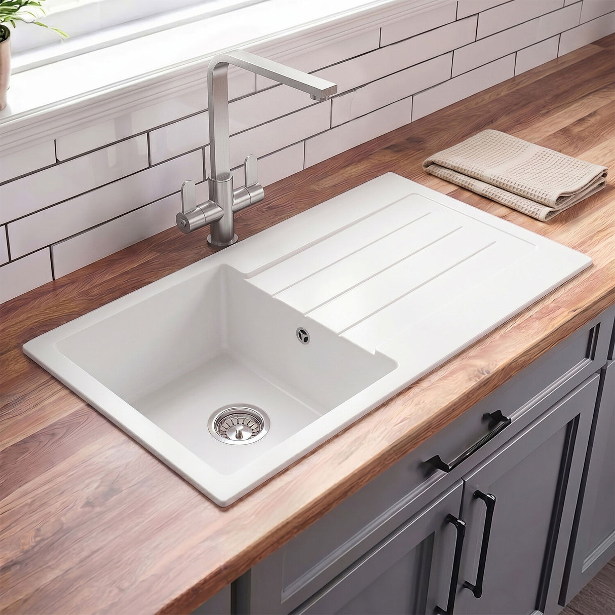 [BKS11050S] 100cm Composite Inset Kitchen Sink with Overflow & Drainer - Available in Multiple Colours - Lifestyle 1