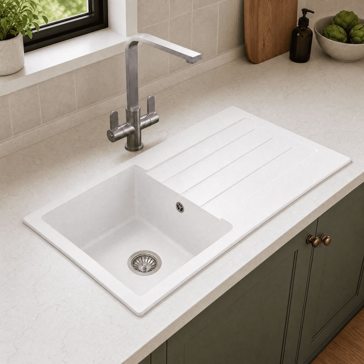 [BKS11050S] 100cm Composite Inset Kitchen Sink with Overflow & Drainer - Available in Multiple Colours - Silo