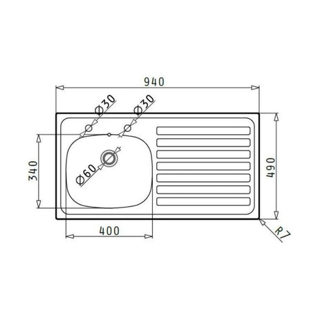 [BKS127201] Contemporary Left Hand Stainless Steel Kitchen Sink, 940 x 490mm - Technical Drawing