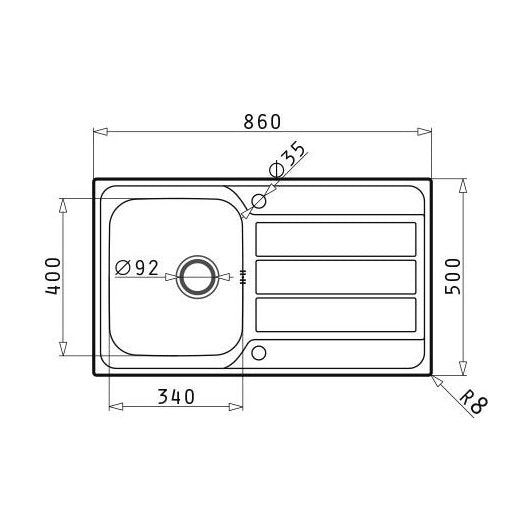 [BKS181801] Contemporary 1 Tap Hole Stainless Steel Kitchen Sink, 860 x 500mm - Technical Drawing