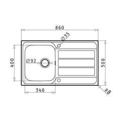 [BKS181801] Contemporary 1 Tap Hole Stainless Steel Kitchen Sink, 860 x 500mm - Technical Drawing
