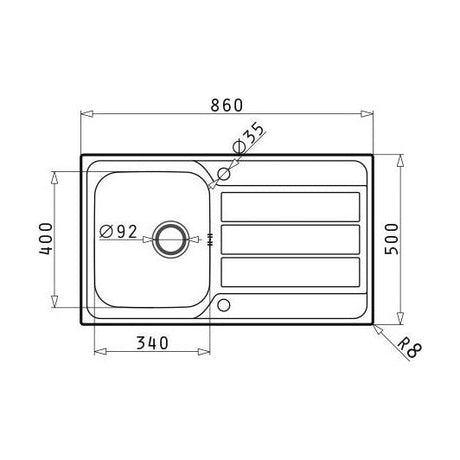 [BKS181801] Contemporary 1 Tap Hole Stainless Steel Kitchen Sink, 860 x 500mm - Technical Drawing