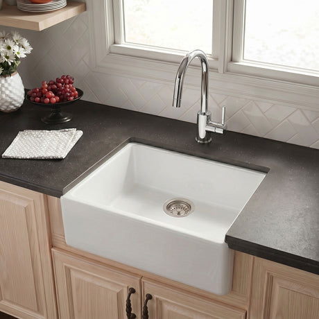 [BKS201W] Single Bowl Fireclay Ceramic Butler Kitchen Sink with Chrome Strainer Waste - 595mm - Silo
