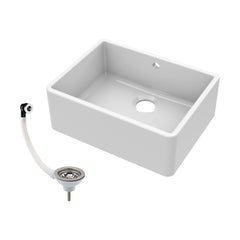 [BKS202W] Single Bowl Fireclay Ceramic Butler Kitchen Sink with Chrome Basket Strainer Waste with Overflow - 595mm - Cutout