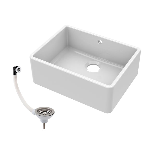 [BKS202W] Single Bowl Fireclay Ceramic Butler Kitchen Sink with Chrome Basket Strainer Waste with Overflow - 595mm - Cutout