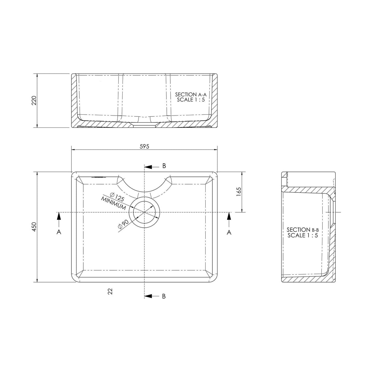 [BKS203] Single Bowl Fireclay Ceramic Butler Kitchen Sink - Variety of Sizes and Features Available - Technical Drawing