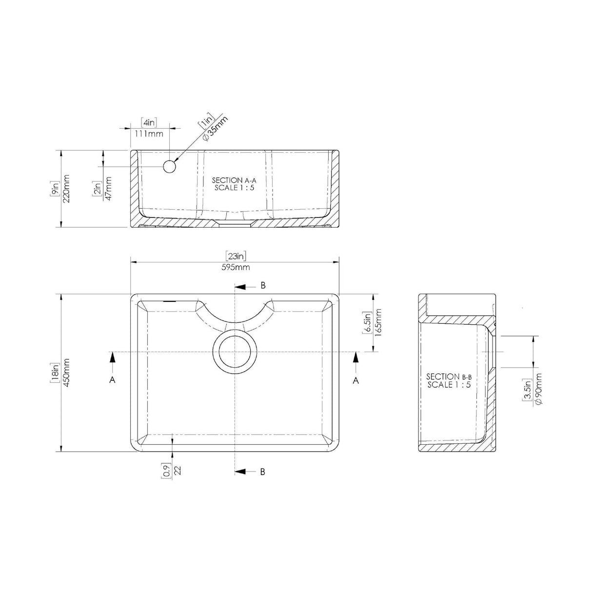 [BKS204W] Single Bowl Fireclay Ceramic Butler Kitchen Sink with Ledge , Overflow & Waste - Technical Drawing