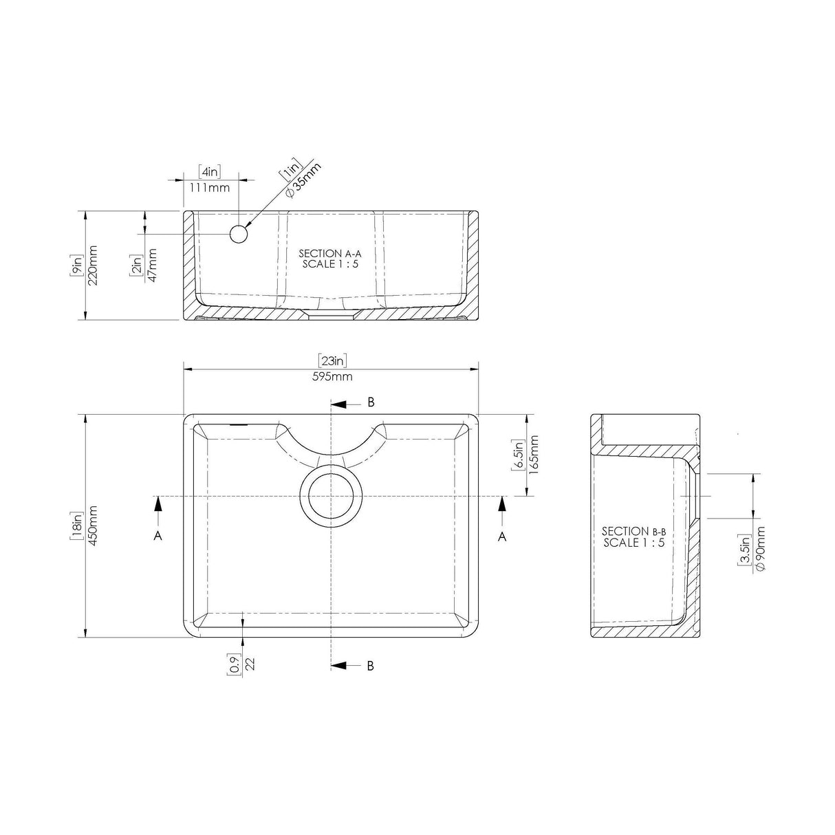 [BKS204] Single Bowl Fireclay Ceramic Butler Kitchen Sink - Variety of Sizes and Features Available - Technical Drawing