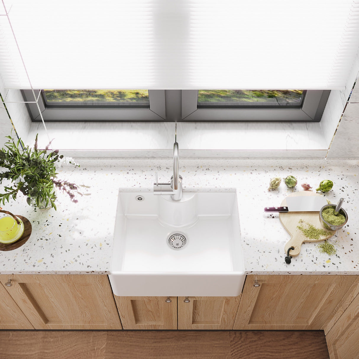 [BKS205W] Single Bowl Fireclay Ceramic Butler Kitchen Sink with Overflow and Tap Ledge with Tap Hole and Chrome Basket Strainer Waste with Overflow - 595mm - Lifestyle 2