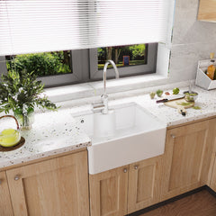 [BKS205W] Single Bowl Fireclay Ceramic Butler Kitchen Sink with Overflow and Tap Ledge with Tap Hole and Chrome Basket Strainer Waste with Overflow - 595mm - Lifestyle 3
