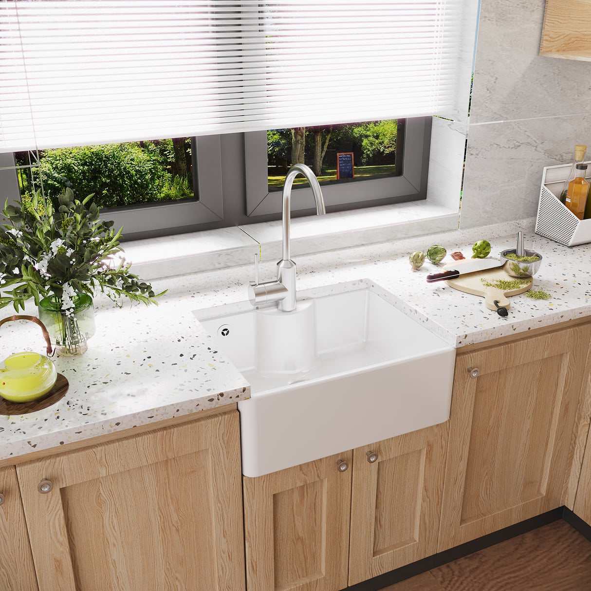 Fireclay Ceramic Single Bowl Butler Kitchen Sink with Tap Ledge, Overflow  & Tap Hole - 595mm Width