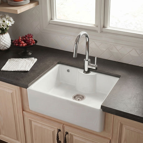 [BKS205W] Single Bowl Fireclay Ceramic Butler Kitchen Sink with Overflow and Tap Ledge with Tap Hole and Chrome Basket Strainer Waste with Overflow - 595mm - Silo