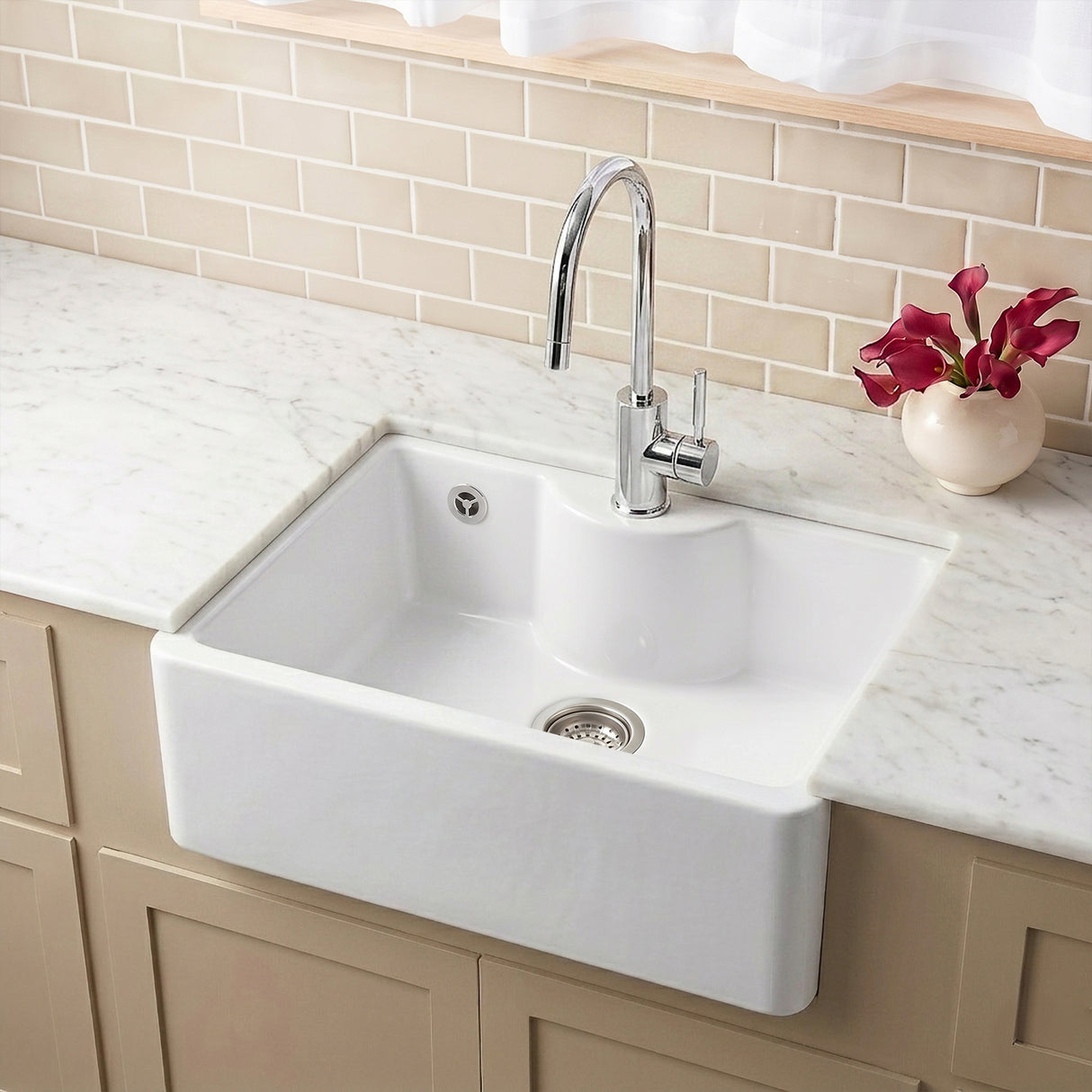 Single Bowl Fireclay Ceramic Butler Kitchen Sink - Variety of Sizes and Features Available