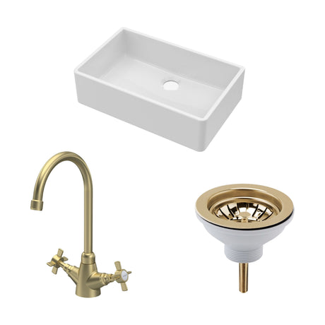 [BKS206WT11] Traditional Fireclay Kitchen Bundle: Single Bowl Butler Sink, Waste & Mono Crosshead Tap, 795mm - Brushed Brass - Cutout