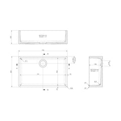 [BKS206WT11] Traditional Fireclay Kitchen Bundle: Single Bowl Butler Sink, Waste & Mono Crosshead Tap, 795mm - Brushed Brass - Technical Drawing