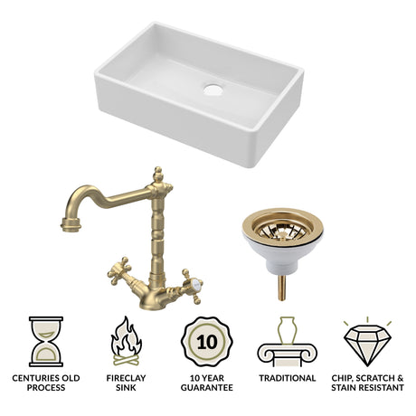 Fireclay Kitchen Bundle - Single Bowl Butler Sink, Waste & Classic Mono Tap, 795mm - Brushed Brass