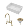 [BKS206WT14] Traditional Fireclay Kitchen Bundle: Single Bowl Butler Sink, Waste & Bridge Crosshead Mixer Tap, 795mm - Brushed Brass - Cutout