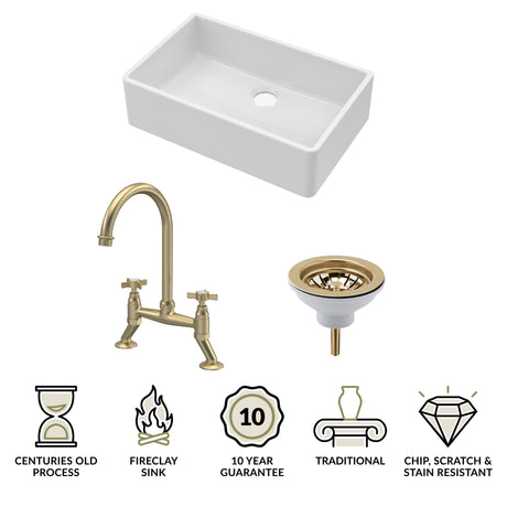 Fireclay Kitchen Bundle - Single Bowl Butler Sink, Waste & Bridge Crosshead Mixer Tap, 795mm - Brushed Brass