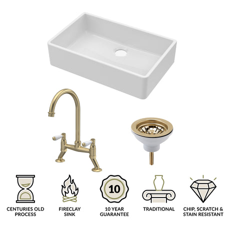 Fireclay Kitchen Bundle - Single Bowl Butler Sink, Waste & Bridge Lever Mixer Tap, 795mm - Brushed Brass