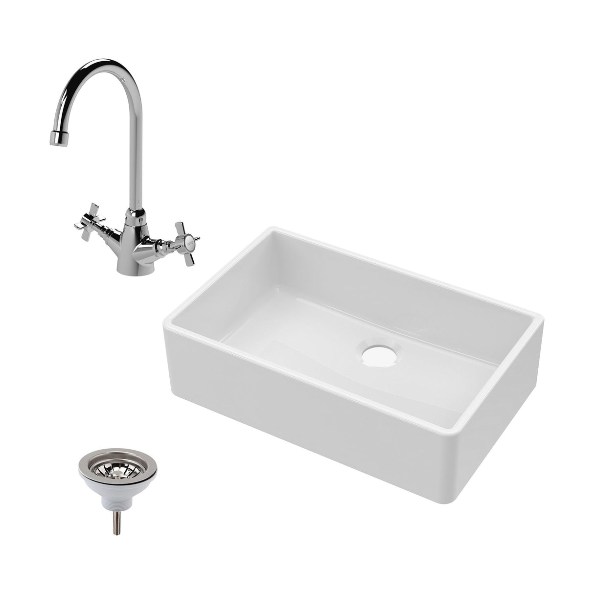 [BKS206WT2] Single Bowl Fireclay Ceramic Butler Kitchen Sink Bundle with Mono Sink Mixer Tap & Waste - Cutout
