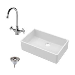 [BKS206WT2] Single Bowl Fireclay Ceramic Butler Kitchen Sink Bundle with Mono Sink Mixer Tap & Waste - Cutout
