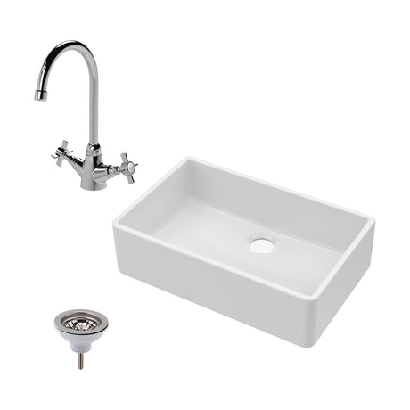 [BKS206WT2] Single Bowl Fireclay Ceramic Butler Kitchen Sink Bundle with Mono Sink Mixer Tap & Waste - Cutout