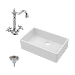 [BKS206WT4] Traditional Single Bowl Fireclay Ceramic Butler Kitchen Sink Bundle with French Classic Tap & Waste - Chrome - Cutout
