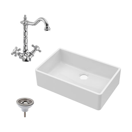 [BKS206WT4] Traditional Single Bowl Fireclay Ceramic Butler Kitchen Sink Bundle with French Classic Tap & Waste - Chrome - Cutout