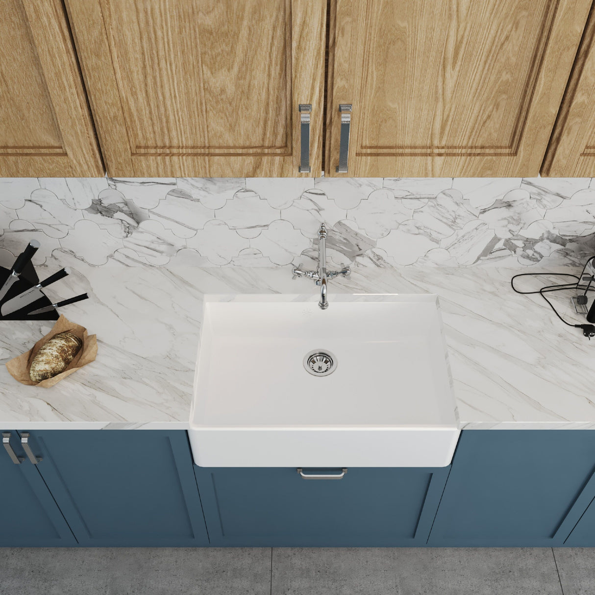 [BKS206WT4] Traditional Single Bowl Fireclay Ceramic Butler Kitchen Sink Bundle with French Classic Tap & Waste - Chrome - Lifestyle 2
