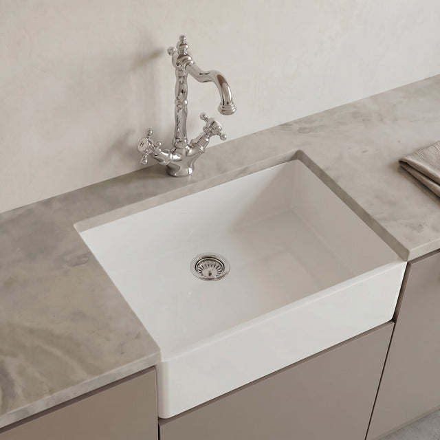 [BKS206WT4] Traditional Single Bowl Fireclay Ceramic Butler Kitchen Sink Bundle with French Classic Tap & Waste - Chrome - Silo