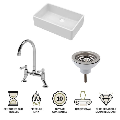 Fireclay Kitchen Bundle - Single Bowl Butler Sink, Waste & Bridge Mixer Tap, 795mm - Chrome