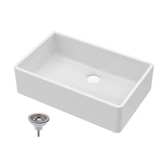 [BKS206W] Single Bowl Fireclay Ceramic Butler Kitchen Sink with Chrome Basket Strainer Waste - 795mm - Cutout