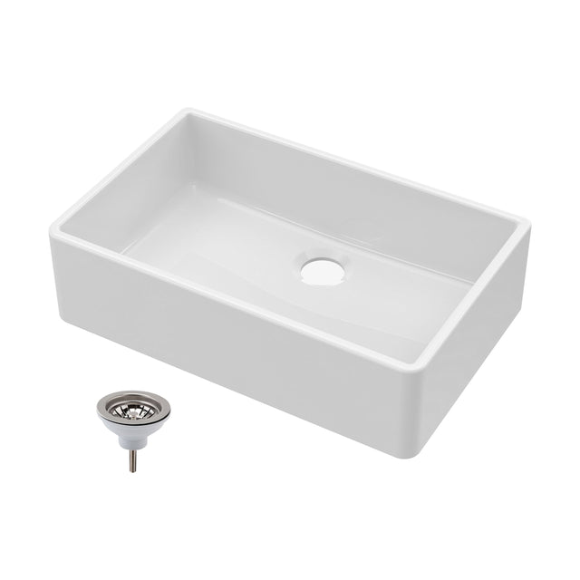 [BKS206W] Single Bowl Fireclay Ceramic Butler Kitchen Sink with Chrome Basket Strainer Waste - 795mm - Cutout