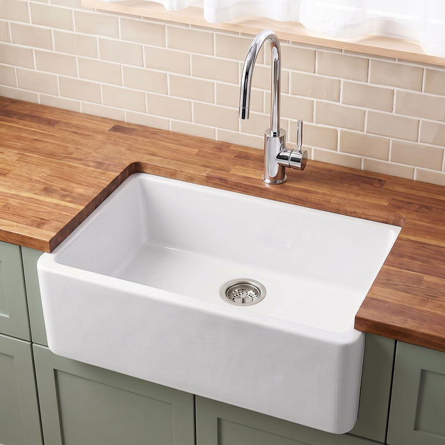 [BKS206W] Single Bowl Fireclay Ceramic Butler Kitchen Sink with Chrome Basket Strainer Waste - 795mm - Silo