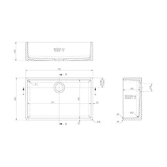[BKS206] Single Bowl Fireclay Ceramic Butler Kitchen Sink with No Overflow & No Tap Hole - 795mm - Technical Drawing