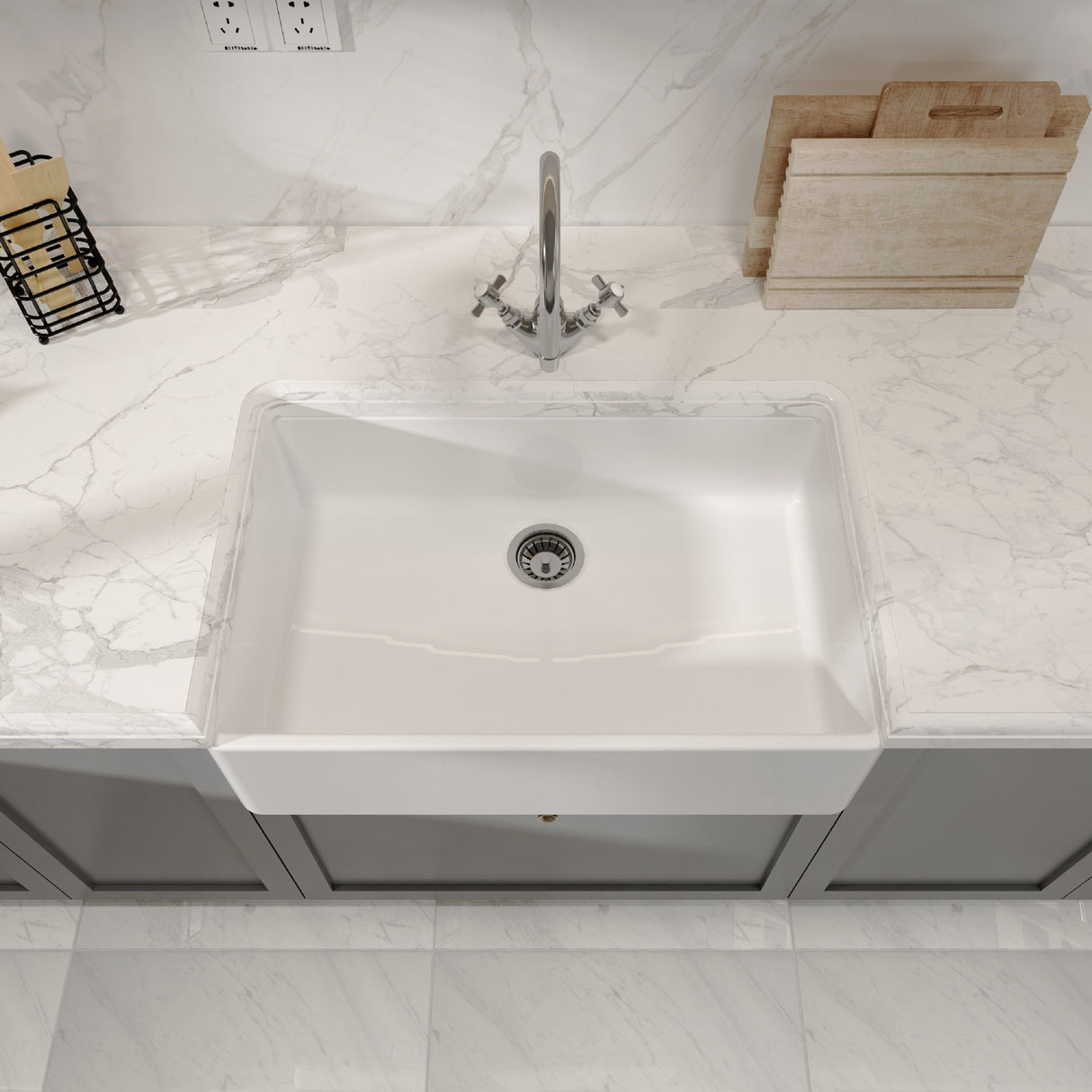 [BKS206] Single Bowl Fireclay Ceramic Butler Kitchen Sink with No Overflow & No Tap Hole - 795mm - Lifestyle 2