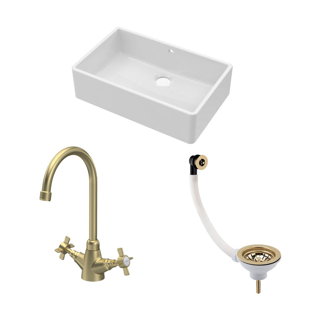 [BKS207WT11] Traditional Fireclay Kitchen Bundle: 1 Bowl Butler Sink with Overflow, Waste & Mono Crosshead Tap, 795mm - Brushed Brass - Cutout
