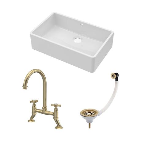 [BKS207WT14] Traditional Fireclay Kitchen Bundle: Single Bowl Butler Sink with Overflow, Waste & Bridge Mixer Tap, 795mm - Brushed Brass - Cutout