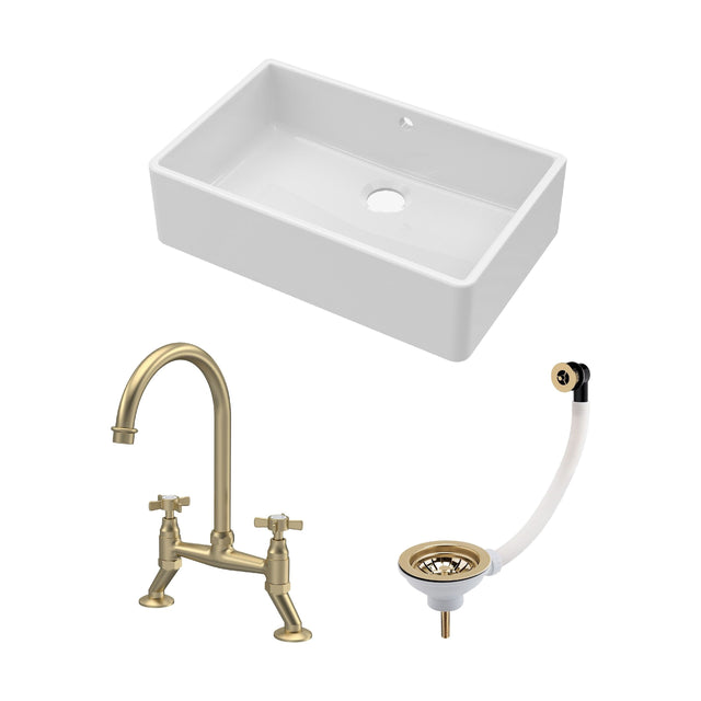 [BKS207WT14] Traditional Fireclay Kitchen Bundle: Single Bowl Butler Sink with Overflow, Waste & Bridge Mixer Tap, 795mm - Brushed Brass - Cutout
