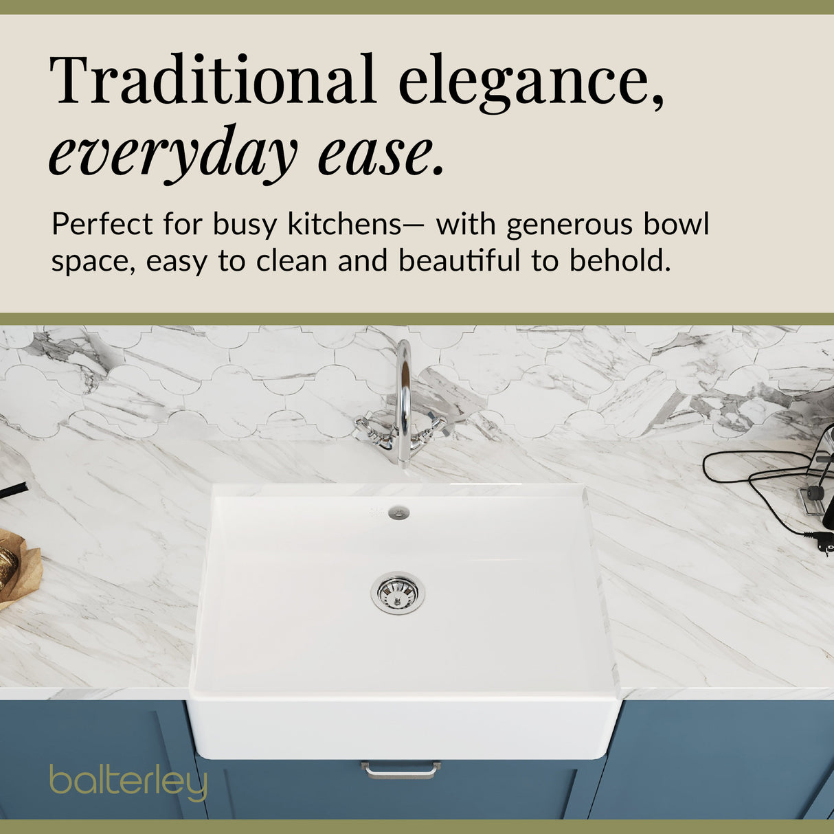 Single Bowl Fireclay Ceramic Butler Kitchen Sink Bundle inc Mixer Tap, Overflow & Waste