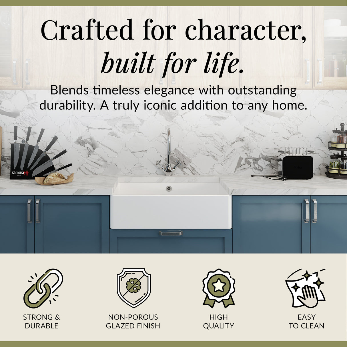 Single Bowl Fireclay Ceramic Butler Kitchen Sink Bundle inc Mixer Tap, Overflow & Waste