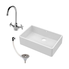 [BKS207WT2] Single Bowl Fireclay Ceramic Butler Kitchen Sink Bundle inc Mixer Tap, Overflow & Waste - Cutout