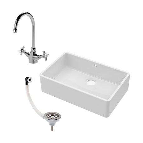 [BKS207WT2] Single Bowl Fireclay Ceramic Butler Kitchen Sink Bundle inc Mixer Tap, Overflow & Waste - Cutout