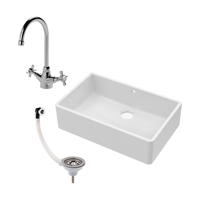 [BKS207WT2] Single Bowl Fireclay Ceramic Butler Kitchen Sink Bundle inc Mixer Tap, Overflow & Waste - Cutout