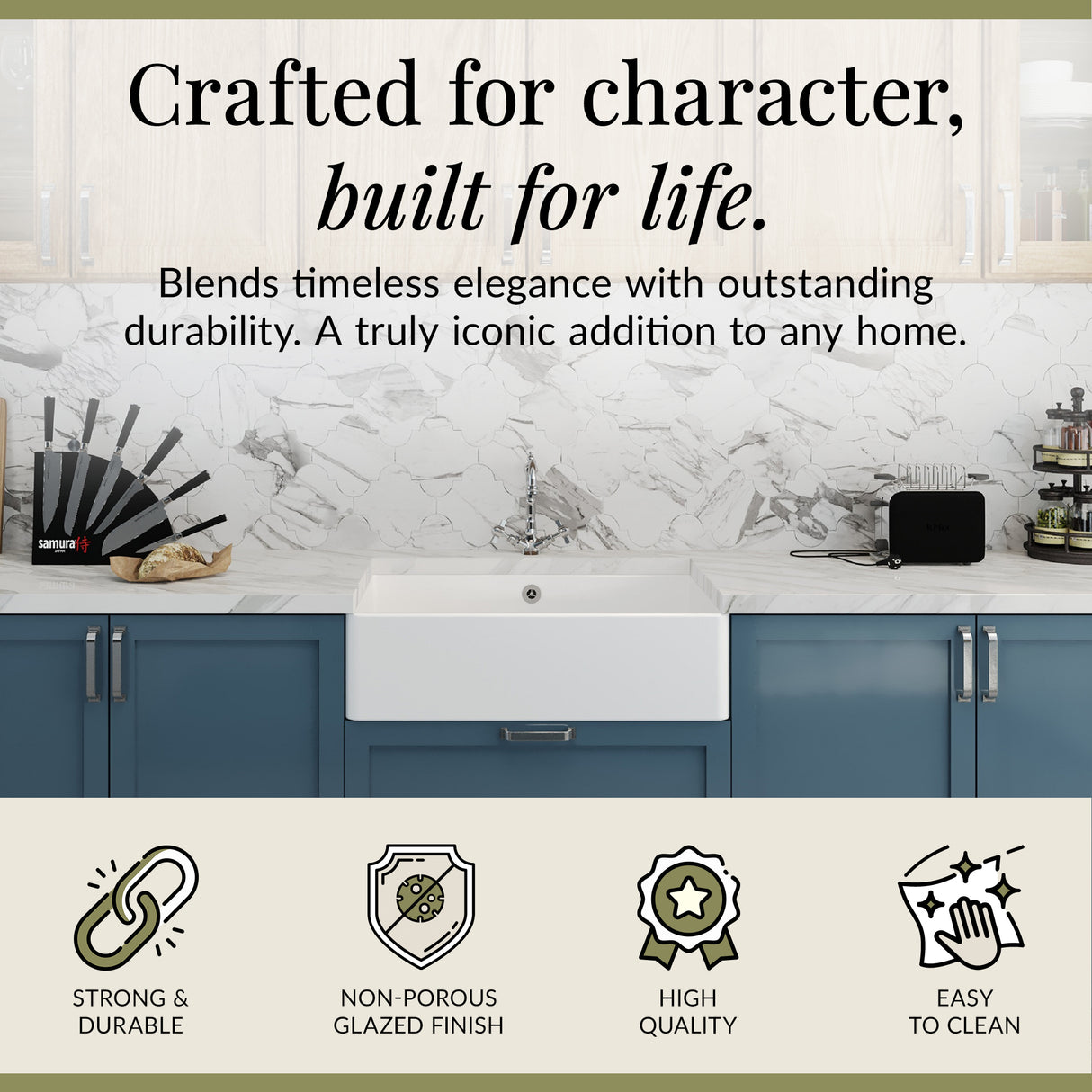 Single Bowl Fireclay Butler Kitchen Sink Bundle inc French Classic Tap & Overflow