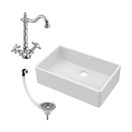 [BKS207WT4] Single Bowl Fireclay Butler Kitchen Sink Bundle inc French Classic Tap & Overflow - Cutout