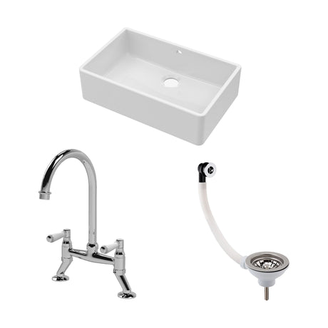 [BKS207WT5] Traditional Fireclay Kitchen Bundle: 1 Bowl Butler Sink with Overflow, Waste & Bridge Mixer Tap, 795mm - Chrome - Cutout