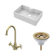 [BKS208WT11] Fireclay Kitchen Bundle - Single Bowl Butler Sink with Tap Ledge, Waste & Mono Tap, 795mm - Brushed Brass - Cutout
